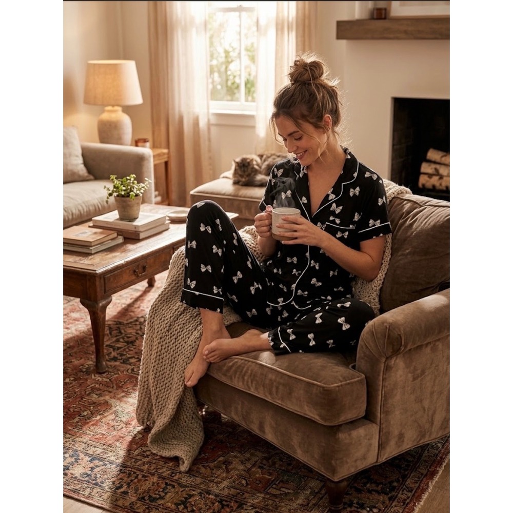 Kate Spade New York Womens Black White Bow Print Pajama Set Short Sleeve Small